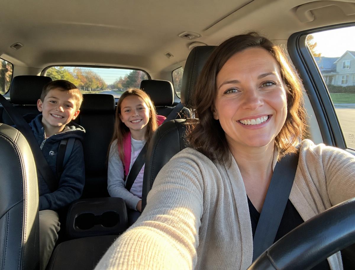 Parent driving two smiling children to school in a trusted community carpool in an Ohio neighborhood